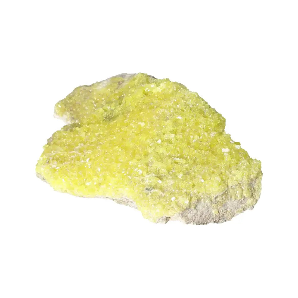 Rough Sulphur Druze with vivid yellow hue and crystalline formations from Sylvia Crystals, showcasing premium quality and authenticity.
