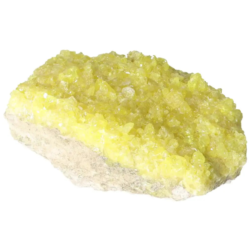 Bright yellow Rough Sulphur Druze crystal by Sylvia Crystals, showcasing natural beauty and luxury craftsmanship.