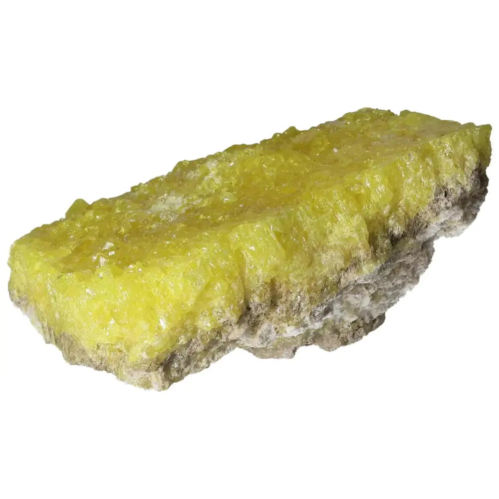 Vibrant Rough Sulphur Druze from Sylvia Crystals, featuring unique yellow crystals with intricate formations and natural textures.
