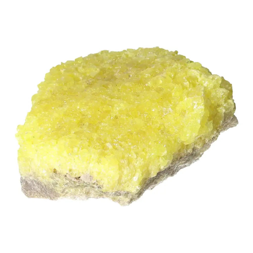 Vibrant Rough Sulphur Druze mineral specimen showcasing striking yellow crystalline formations by Sylvia Crystals.
