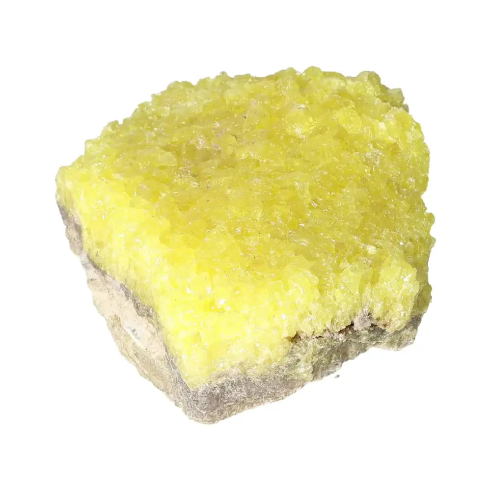 Rough Sulphur Druze mineral specimen with striking yellow crystalline formations, by Sylvia Crystals, for collectors and enthusiasts.
