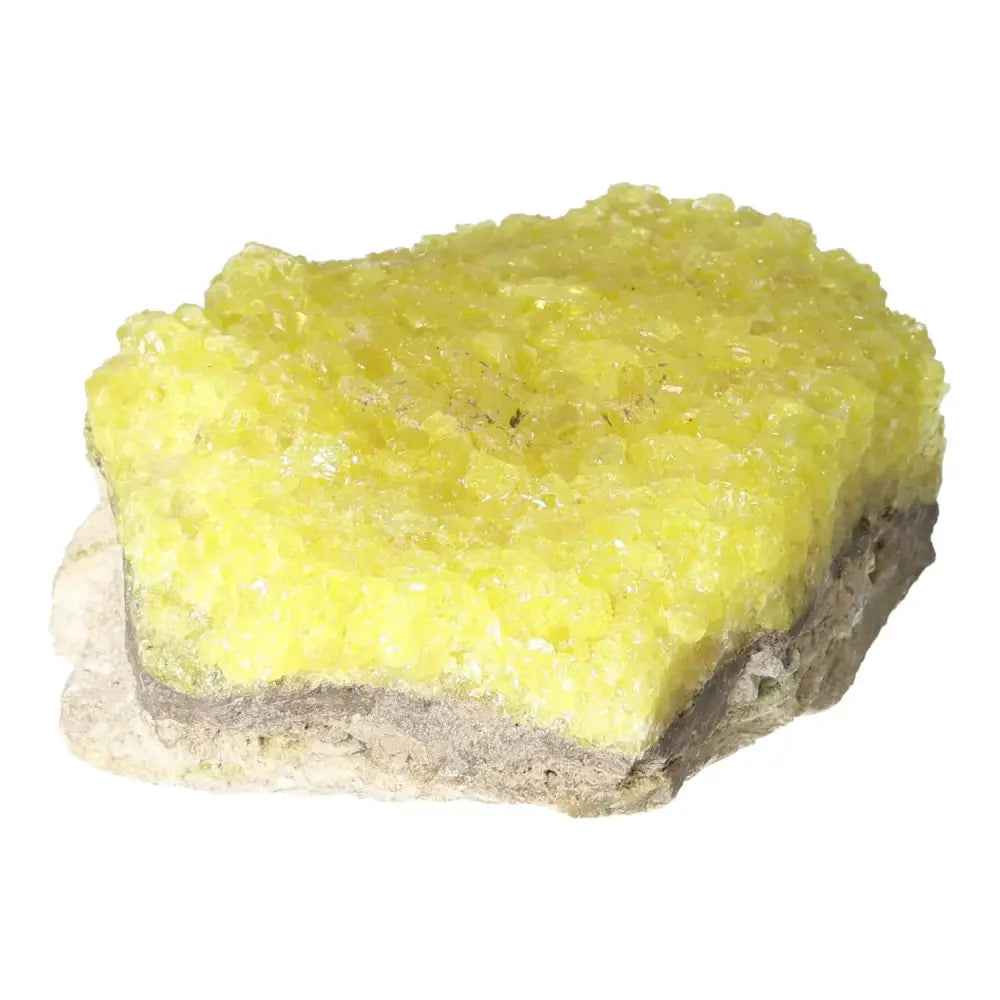 Vibrant Rough Sulphur Druze mineral specimen with yellow crystalline formations by Sylvia Crystals, ideal for collectors and enthusiasts.