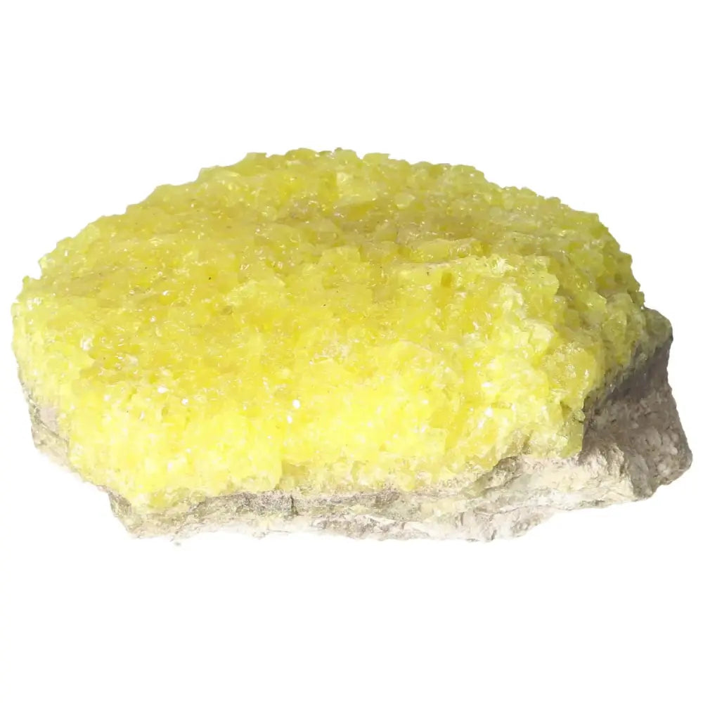 Rough Sulphur Druze mineral specimen with vivid yellow crystals, handpicked by Sylvia Crystals for collectors and enthusiasts.