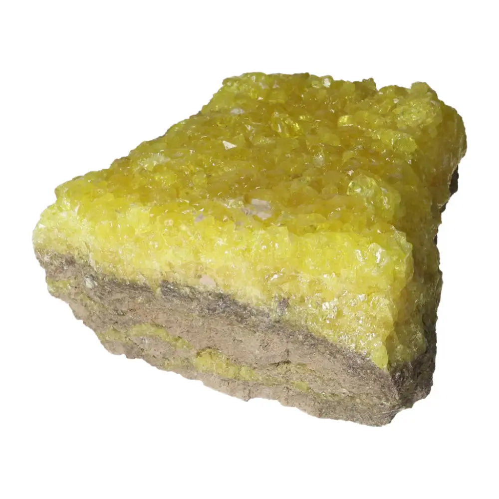 Rough Sulphur Druze with vibrant yellow crystals from Sylvia Crystals, a premium handpicked mineral specimen perfect for collectors.