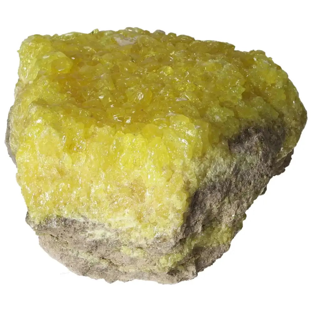 Rough Sulphur Druze crystal with vibrant yellow hues, showcasing natural druzy sparkle, perfect for crystal enthusiasts' collections.