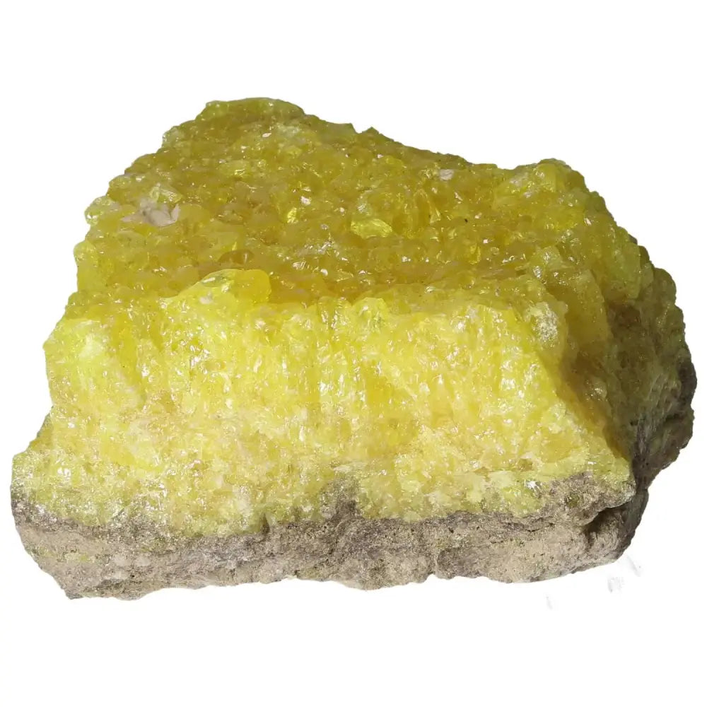 Vibrant yellow Rough Sulphur Druze crystal from Sylvia Crystals, featuring natural druzy sparkle, perfect for collectors and enthusiasts.