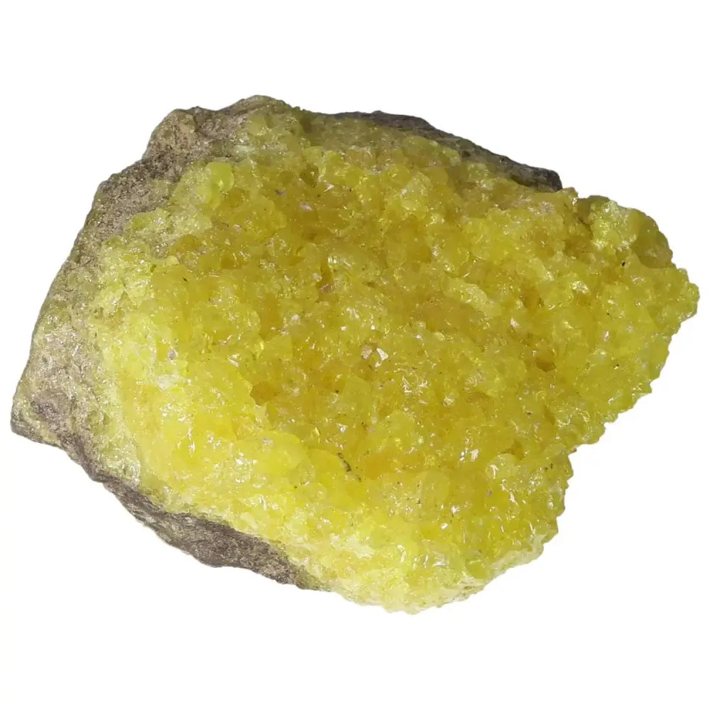 Vibrant yellow Rough Sulphur Druze with intricate druzy formations, a premium crystal from Sylvia Crystals offering luxury and spirituality.