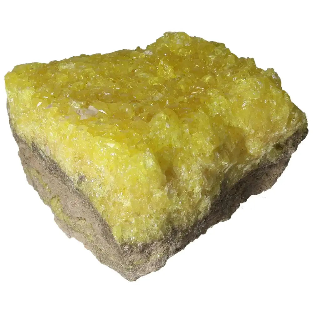 Rough Sulphur Druze crystal with vibrant yellow hues, premium quality by Sylvia Crystals, showcasing natural druzy sparkle.