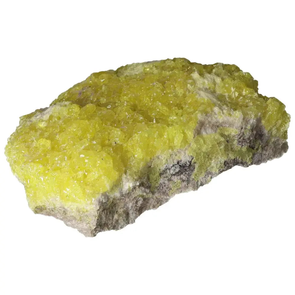 Rough Sulphur Druze crystal with vivid yellow formations, sourced by Sylvia Crystals, showcasing intricate natural beauty.