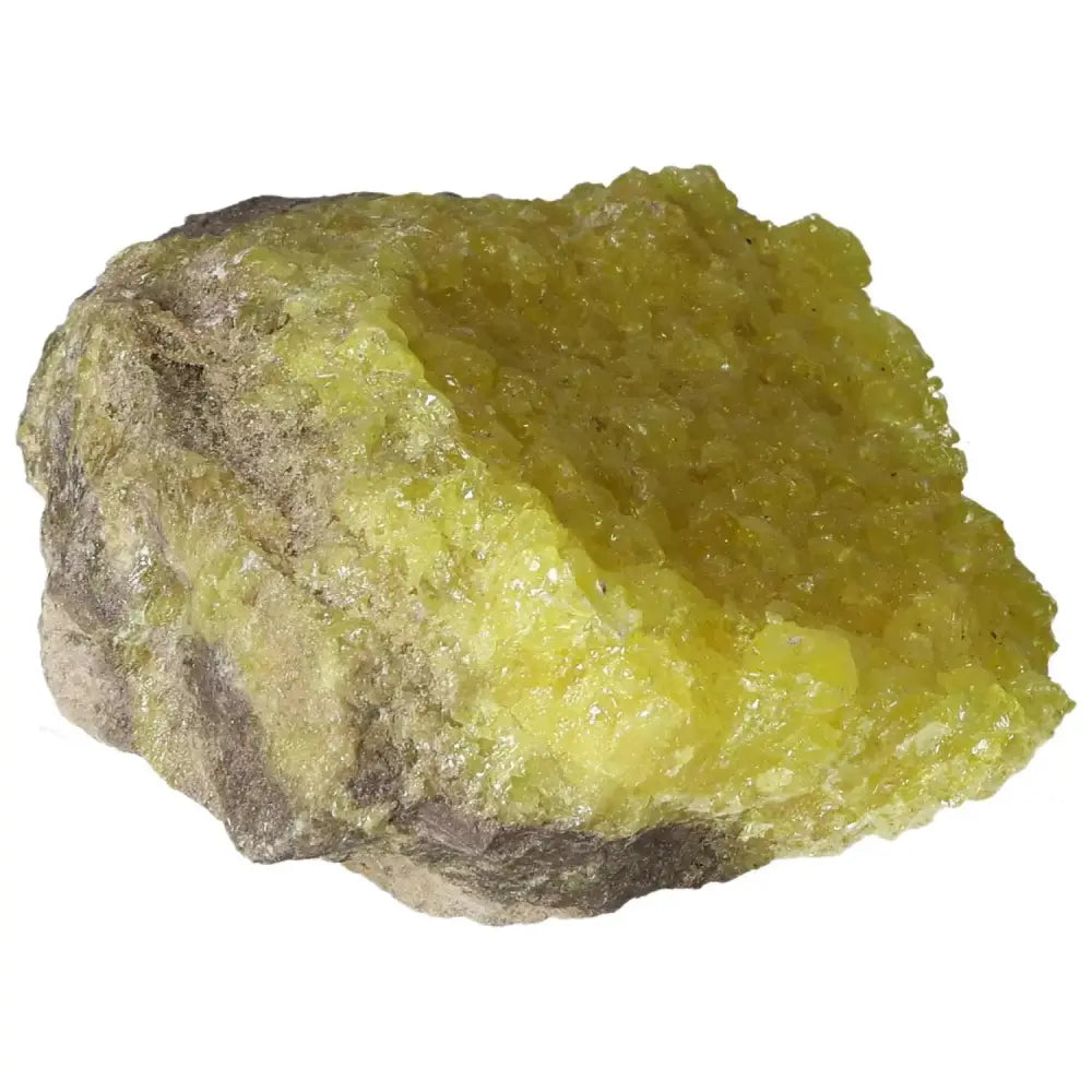 Vibrant yellow Rough Sulphur Druze crystal from Sylvia Crystals, showcasing unique druzy formations and nature's artistry.