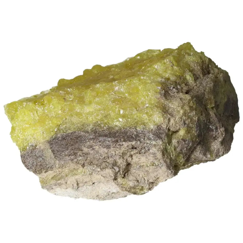 Rough Sulphur Druze crystal from Sylvia Crystals displays vibrant yellow druzy formations, showcasing natural artistry and premium quality.