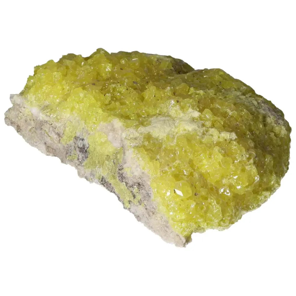 Rough Sulphur Druze with striking yellow crystals from Sylvia Crystals, showcasing intricate formations. Premium geological collectible.