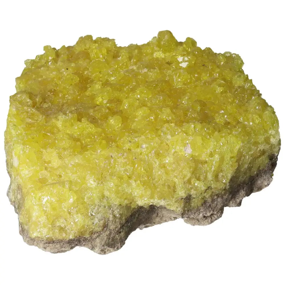 Vibrant yellow Rough Sulphur Druze crystal by Sylvia Crystals, known for cleansing properties