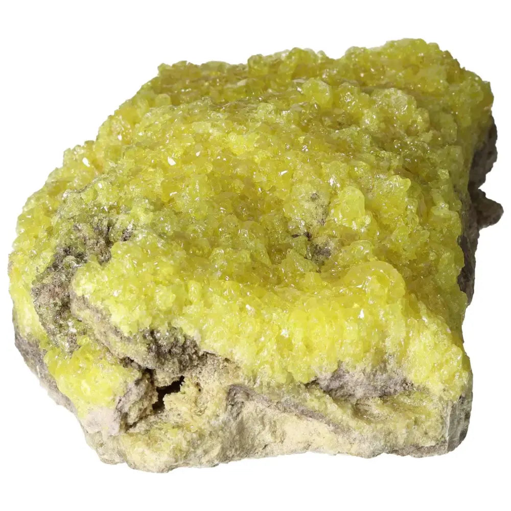 Rough Sulphur Druze mineral specimen showcasing vibrant yellow crystals from Sylvia Crystals, highlighting natural beauty and luxury.