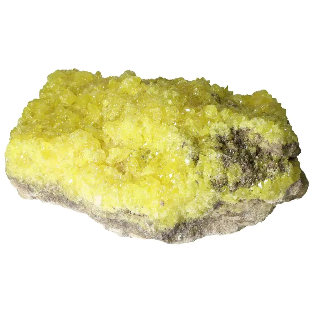 Rough Sulphur Druze showcasing vibrant yellow crystals, a premium specimen from Sylvia Crystals highlighting natural beauty and luxury.