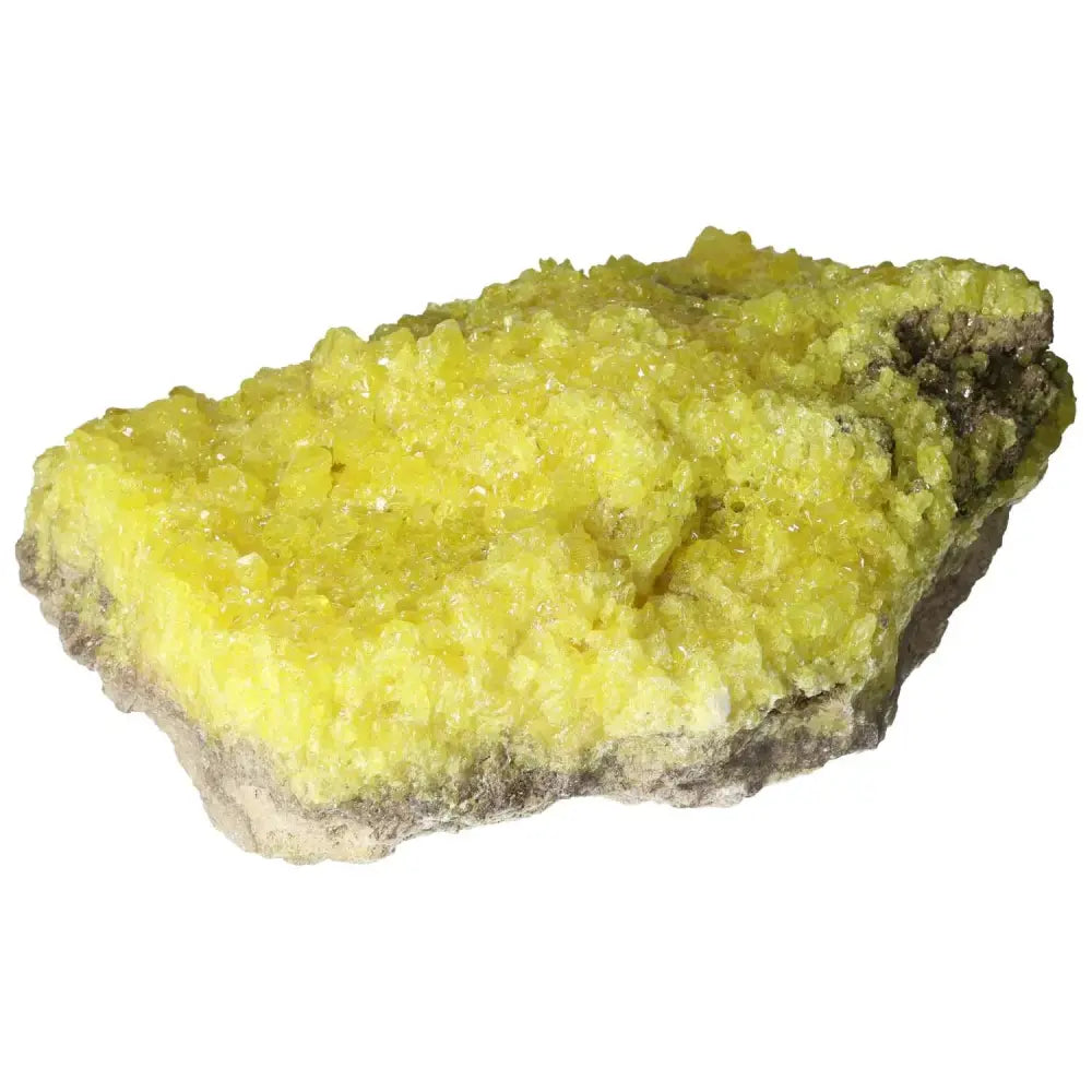 Rough Sulphur Druze mineral specimen with vibrant yellow hues, from Sylvia Crystals, showcasing intricate crystal formations.