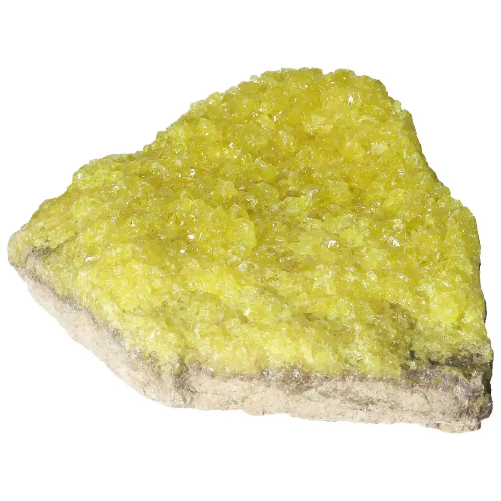 Rough Sulphur Druze with vibrant yellow hues and natural druzy formations, premium crystal from Sylvia Crystals.
