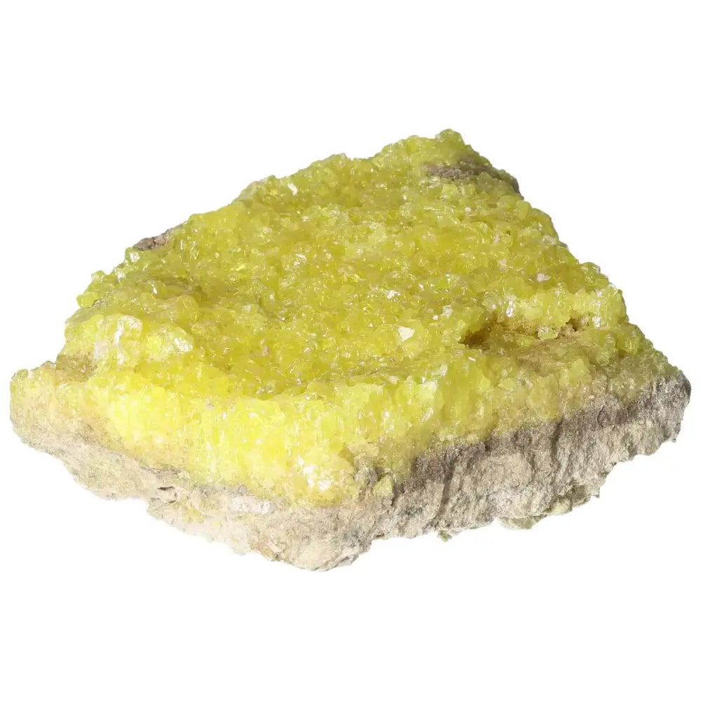 Vibrant yellow Rough Sulphur Druze crystal from Sylvia Crystals, showcasing intricate formations and luxury appeal.