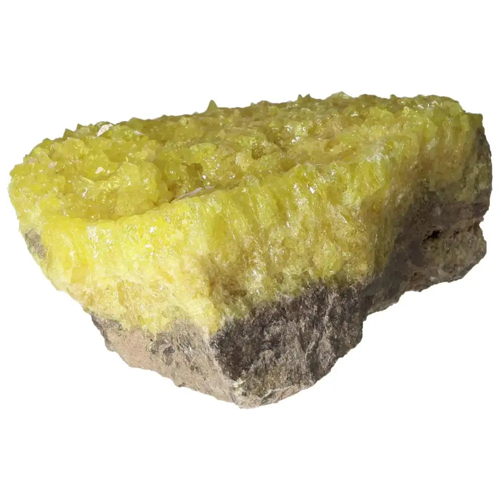 Rough Sulphur Druze by Sylvia Crystals showcasing vibrant yellow hue and unique crystalline structure for mineral collectors.