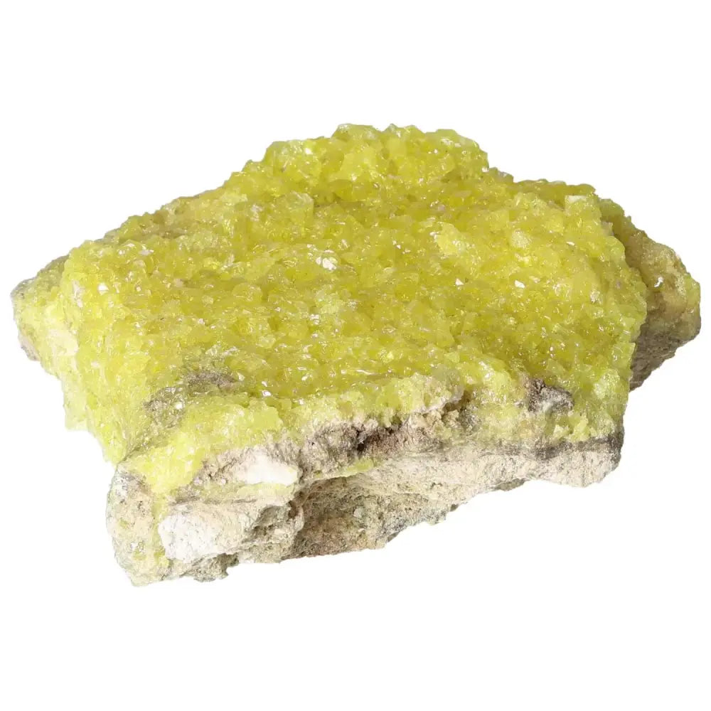 Rough Sulphur Druze crystal with vibrant yellow hues and intricate formations, premium piece from Sylvia Crystals. Ideal for luxury gifts.