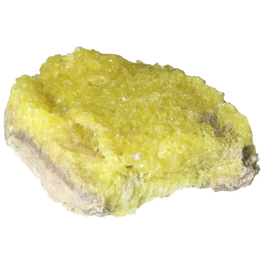 Bright yellow Rough Sulphur Druze crystal from Sylvia Crystals, showcasing intricate formations and vibrant hues for luxury and spirituality.