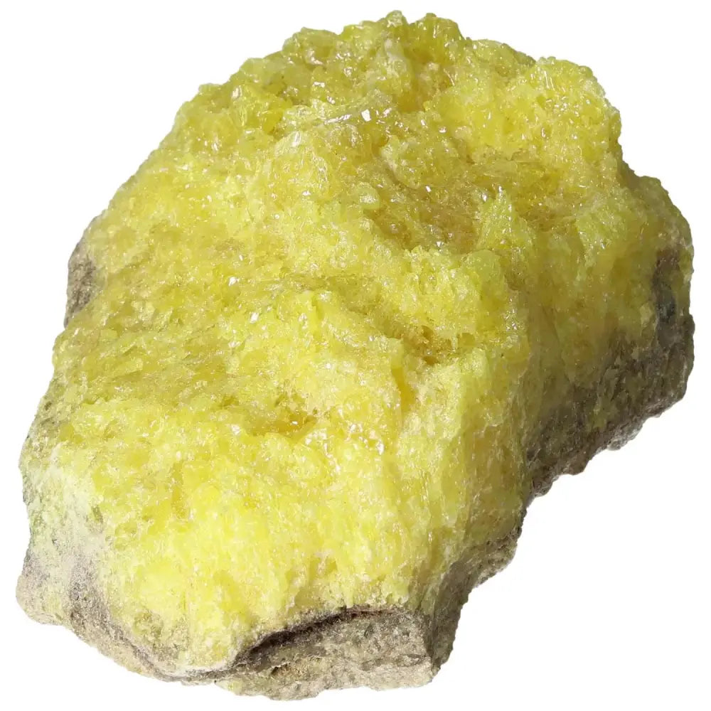 Vibrant yellow Rough Sulphur Druze crystal by Sylvia Crystals, showcasing its raw texture and natural formation.
