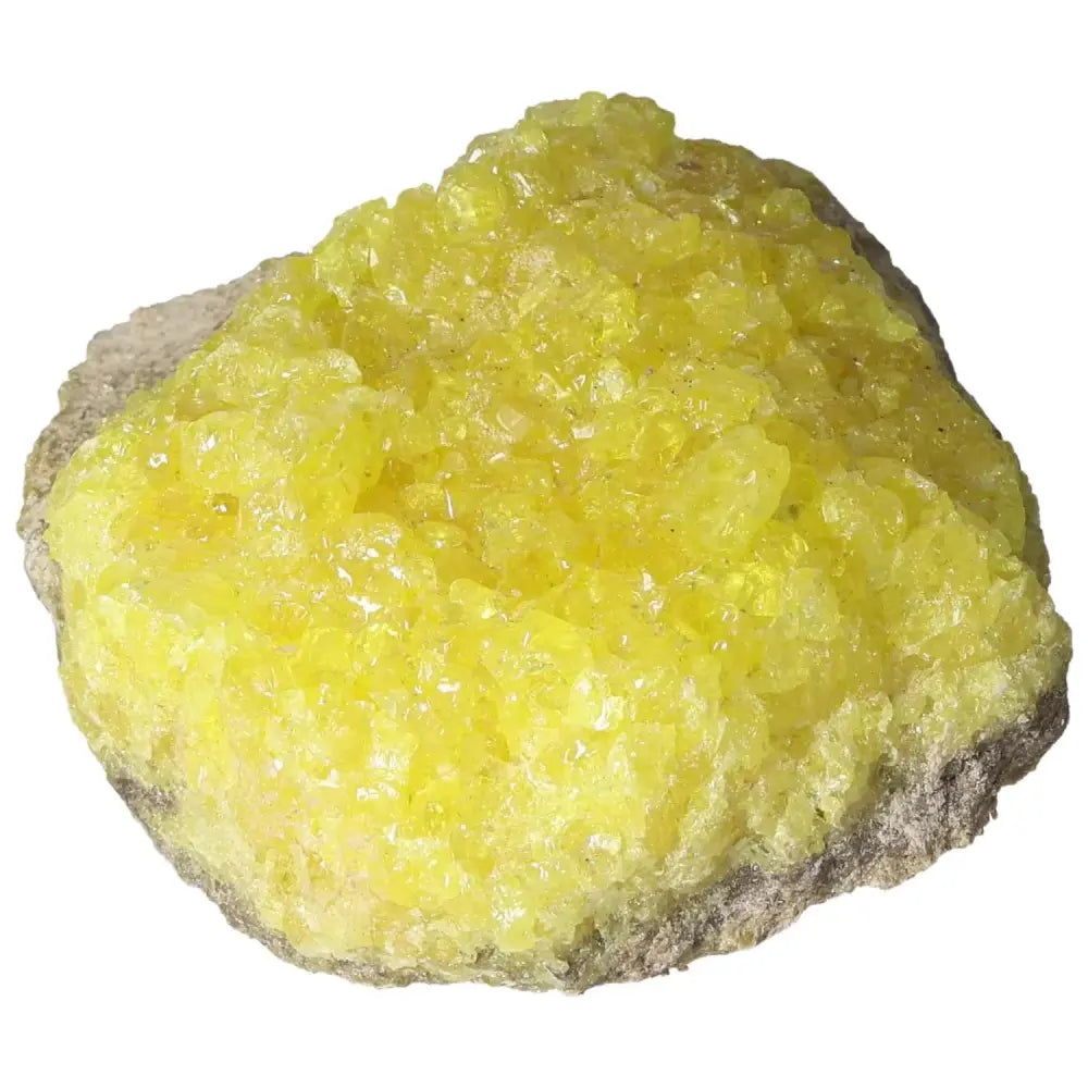Vibrant yellow Rough Sulphur Druze with unique crystalline formations from Sylvia Crystals, showcasing natural elegance and positivity.