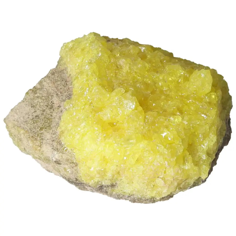 Vibrant Rough Sulphur Druze showcasing unique crystalline formations from Sylvia Crystals, enhancing positivity and elegance.