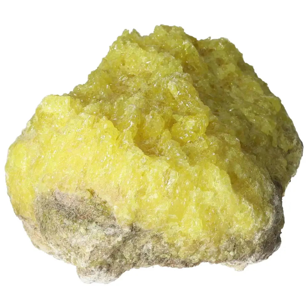 Vibrant yellow Rough Sulphur Druze crystal, handpicked by Sylvia Crystals, showcasing natural, unrefined beauty and positive energy.