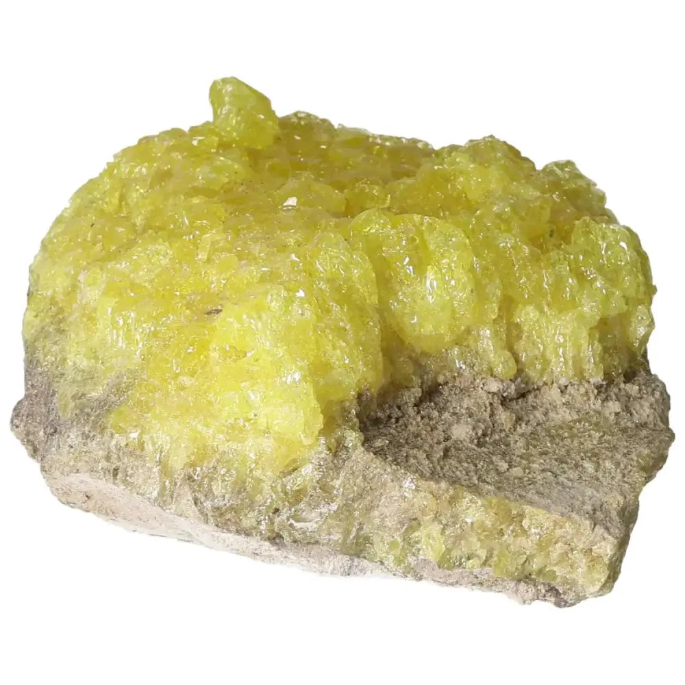 Rough Sulphur Druze crystal with vibrant yellow crystalline formations from Sylvia Crystals, showcasing natural artistry and elegance.