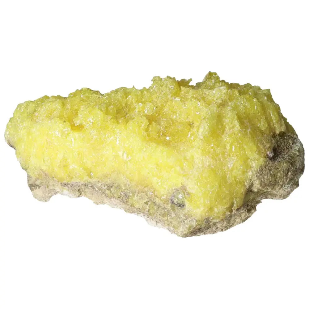 Bright yellow Rough Sulphur Druze crystal by Sylvia Crystals, featuring natural, raw texture and positive energy properties.
