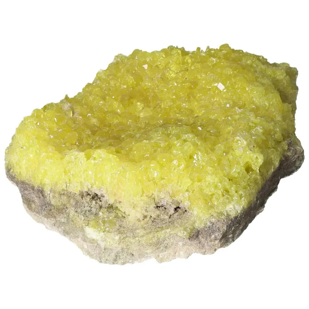Rough Sulphur Druze crystal from Sylvia Crystals, showcasing vibrant yellow hues and natural beauty of sulphur formations.