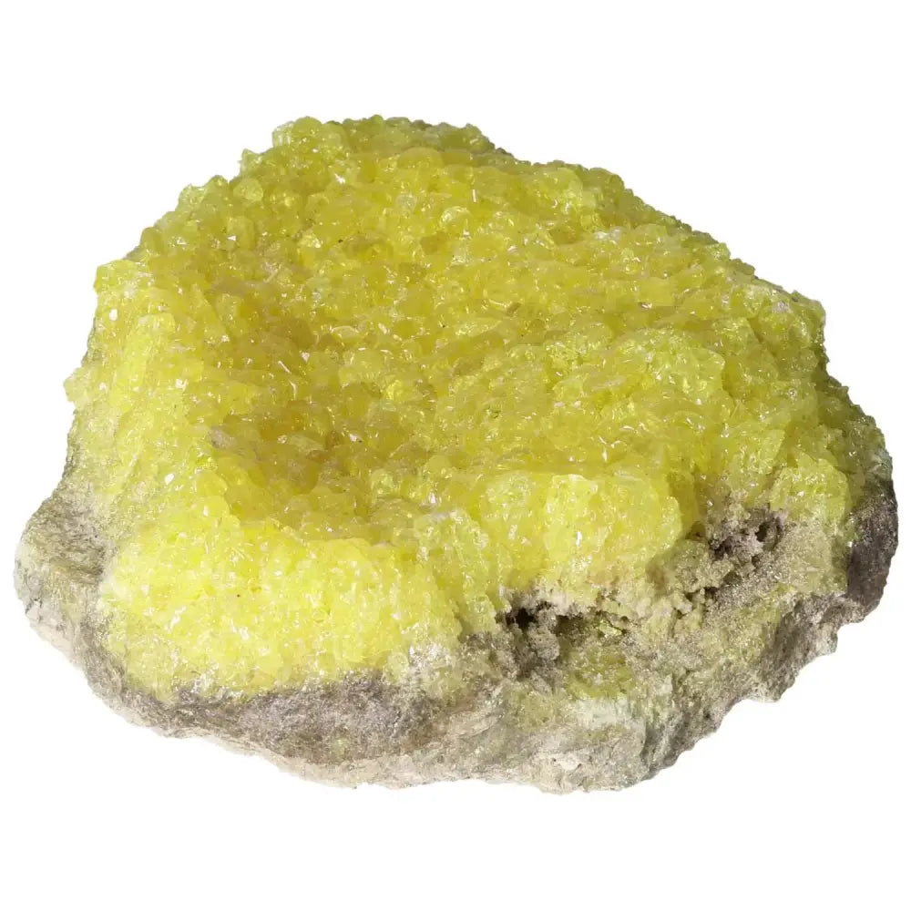 Rough Sulphur Druze crystal with vibrant yellow hues from Sylvia Crystals collection, showcasing natural beauty and unique charm.