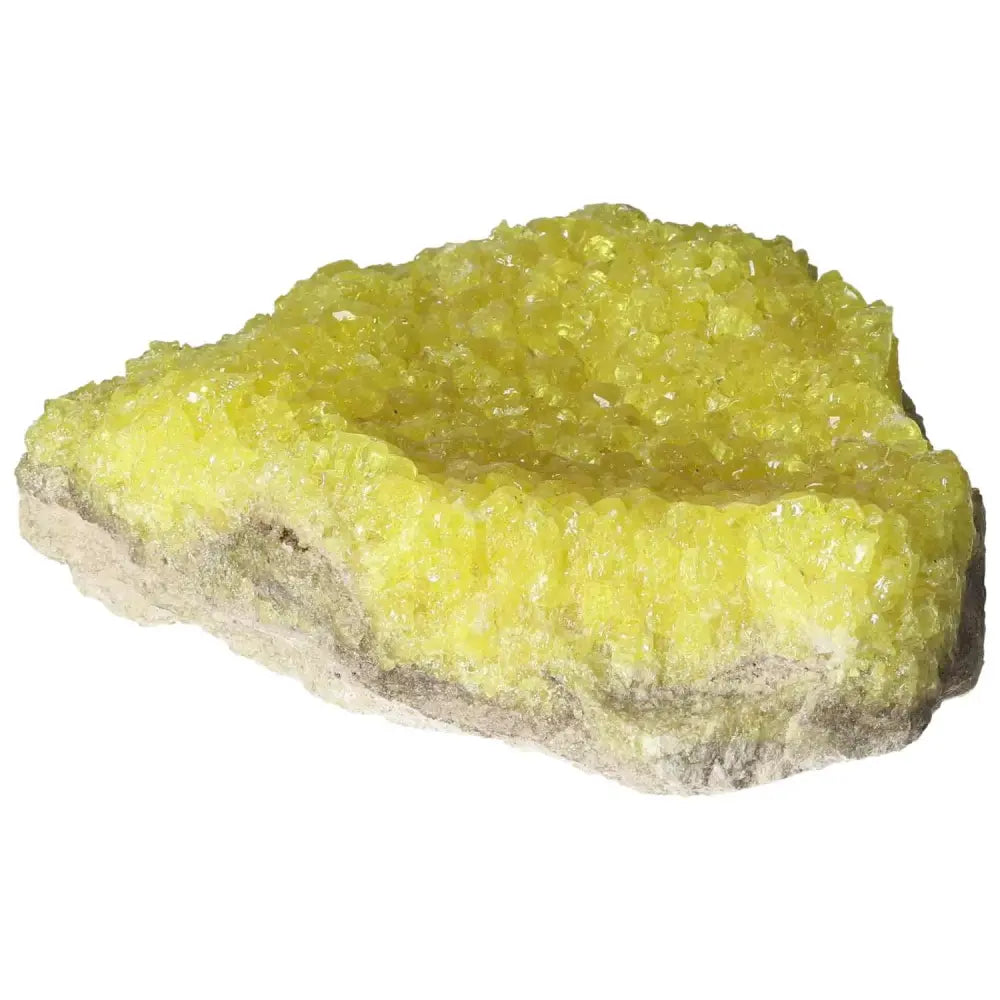 Alt Tag: Premium Rough Sulphur Druze from Sylvia Crystals, showcasing natural yellow hues and raw beauty of sulphur crystals.