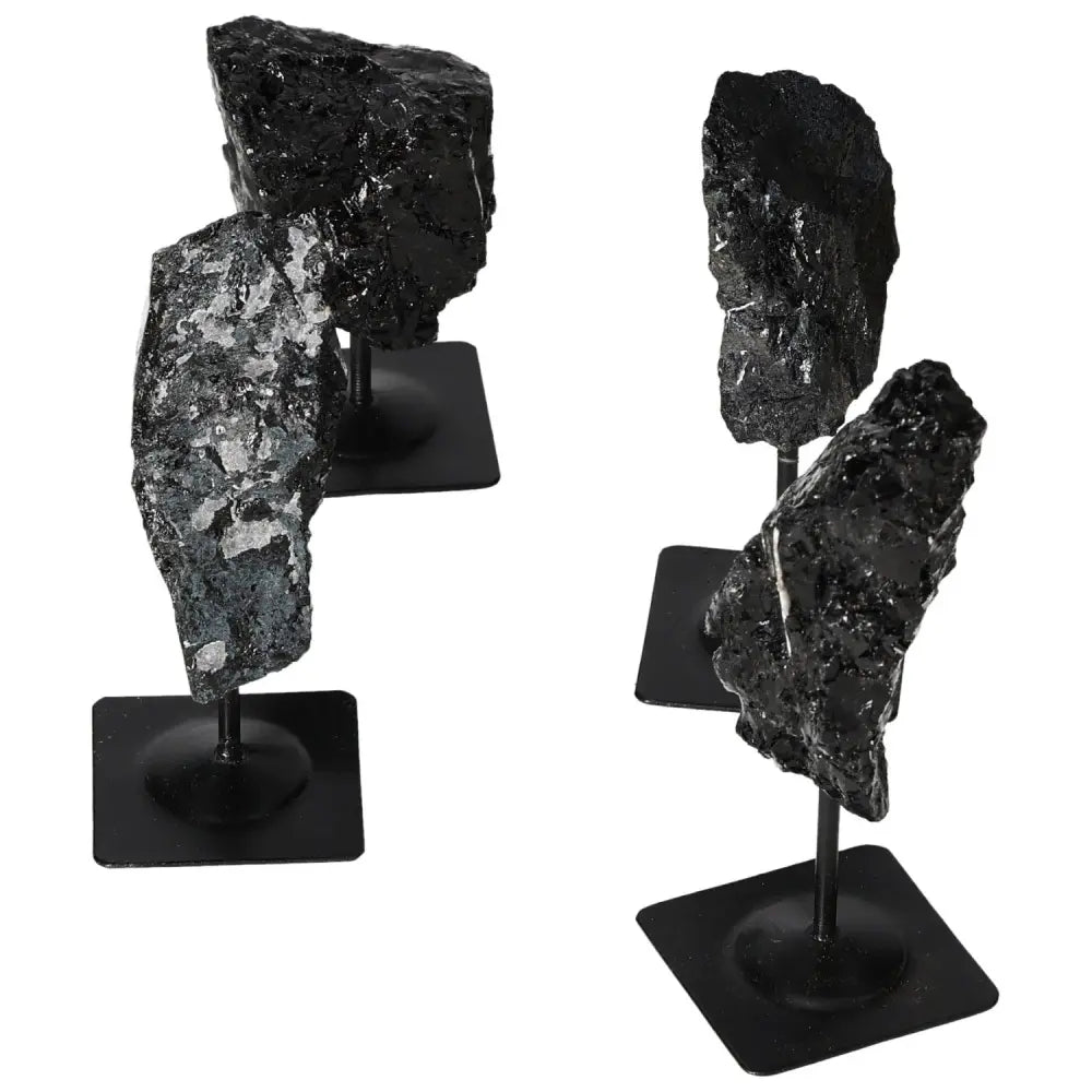 Rough Tourmaline with Metal Stand M displaying deep black and vibrant green hues, showcased elegantly in Sylvia Crystals' collection.