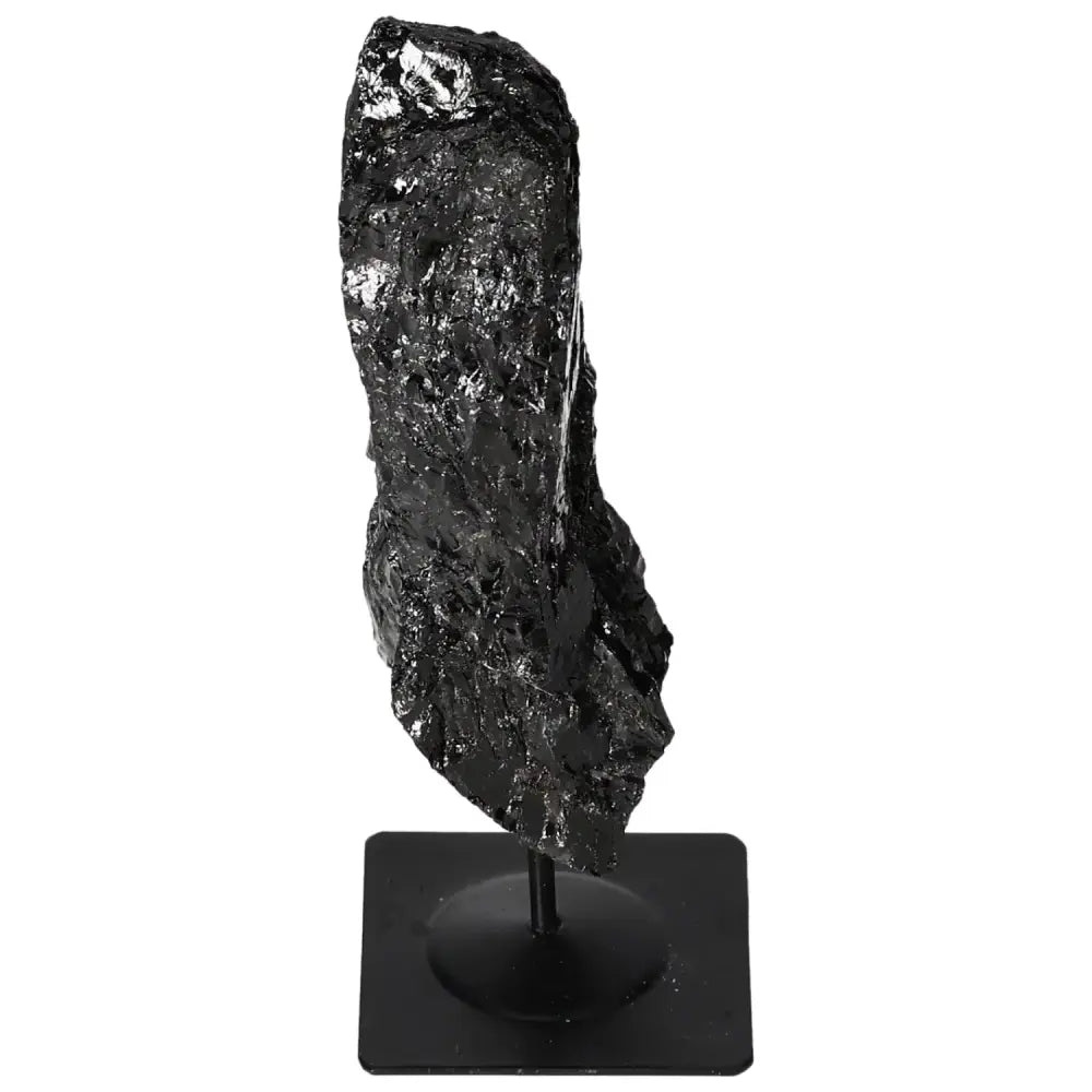 Black rough tourmaline crystal on metal stand, showcasing natural texture and elegance, ideal for energy harmonization.