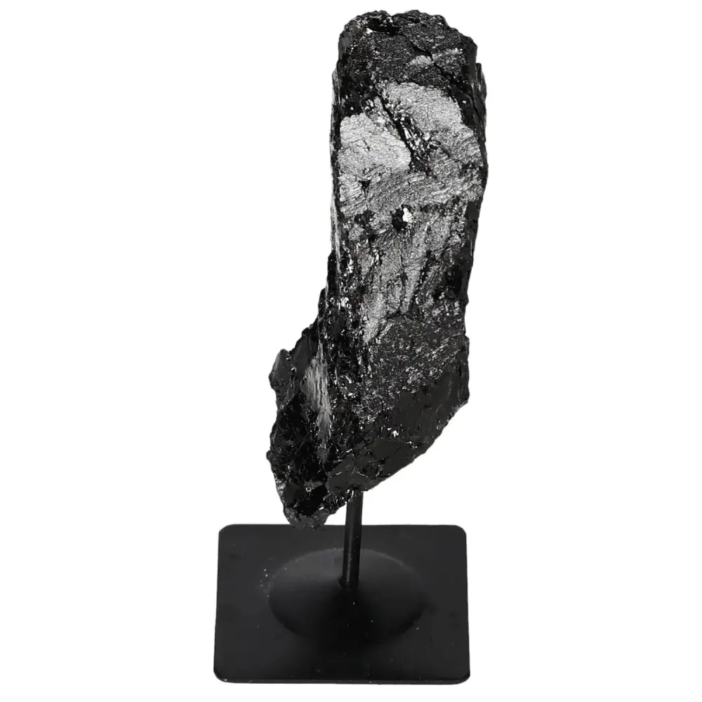 Rough Tourmaline With Metal Stand, showcasing natural prismatic crystals in black, an elegant piece from Sylvia Crystals for energy harmony.