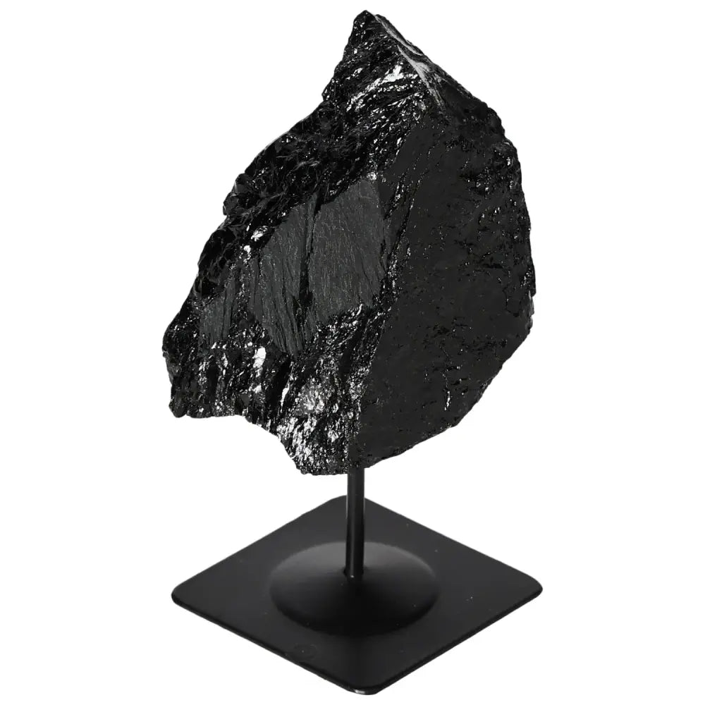 Rough Tourmaline on metal stand, premium Sylvia Crystals product, showcasing natural elegance and sophisticated design.