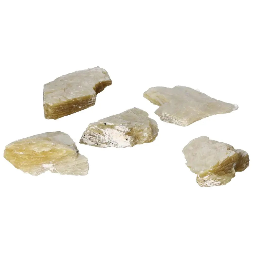 Five pieces of Rough Yellow Mica M from Sylvia Crystals, perfect for spiritual exploration and enhancing surroundings with earthy energies.