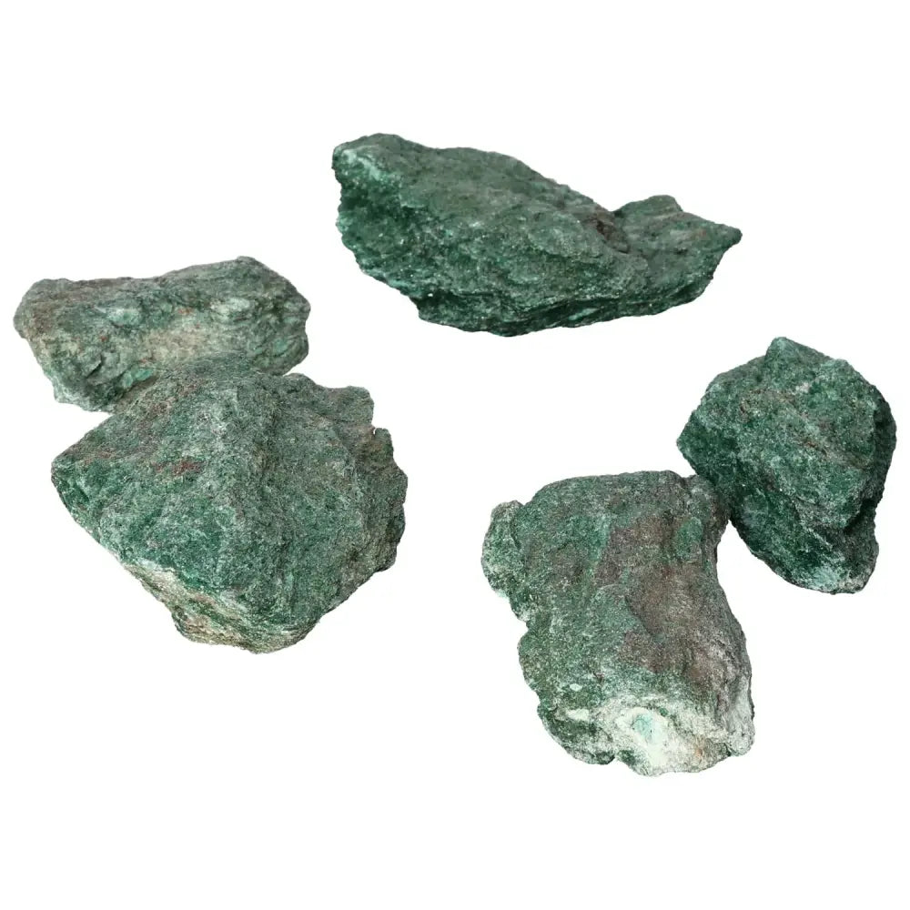 Rought Fuchsite stones displaying rich green hues, ideal for emotional healing, from Sylvia Crystals' exclusive collection.