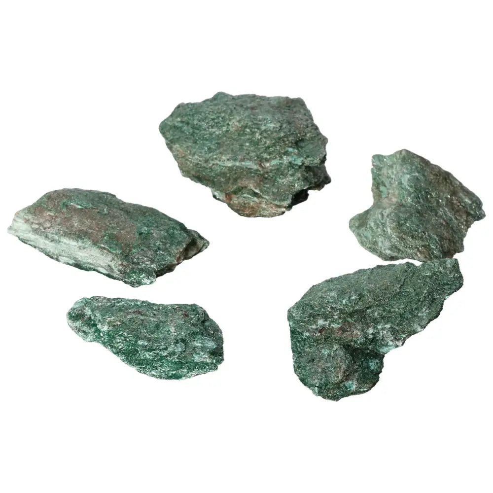 Rough Fuchsite stones, green muscovite mica with healing properties, from Sylvia Crystals. Ideal for emotional and physical well-being.