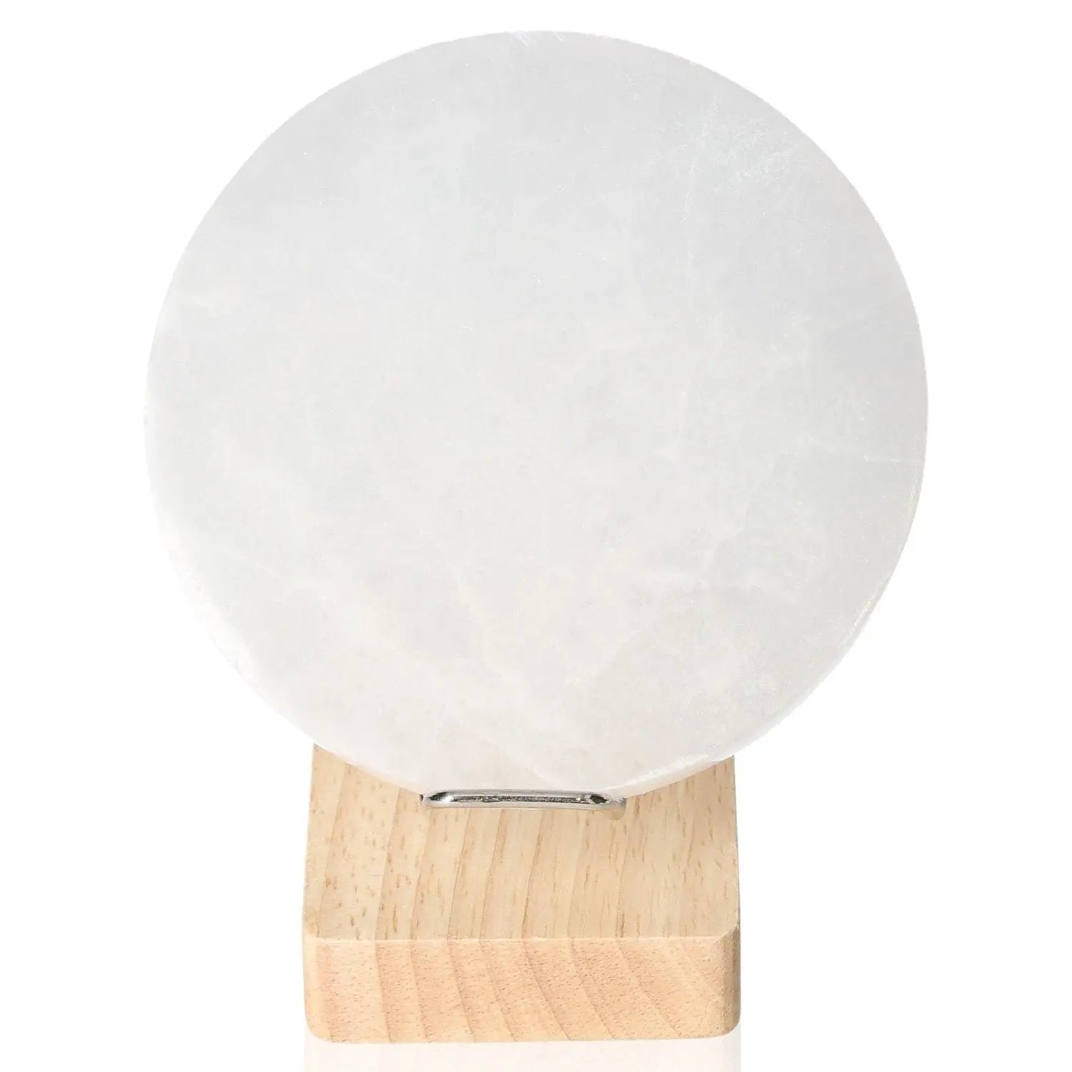 Selenite Disk 12cm by Sylvia Crystals on a wooden stand, promoting spiritual growth and mindful living with premium quality.