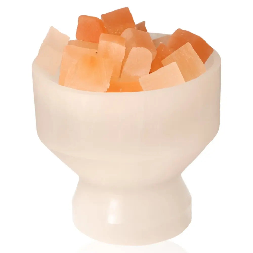 Selenite lamp bowl filled with Himalayan salt chunks, designed for use with LED bulbs to promote calming and positive energy.