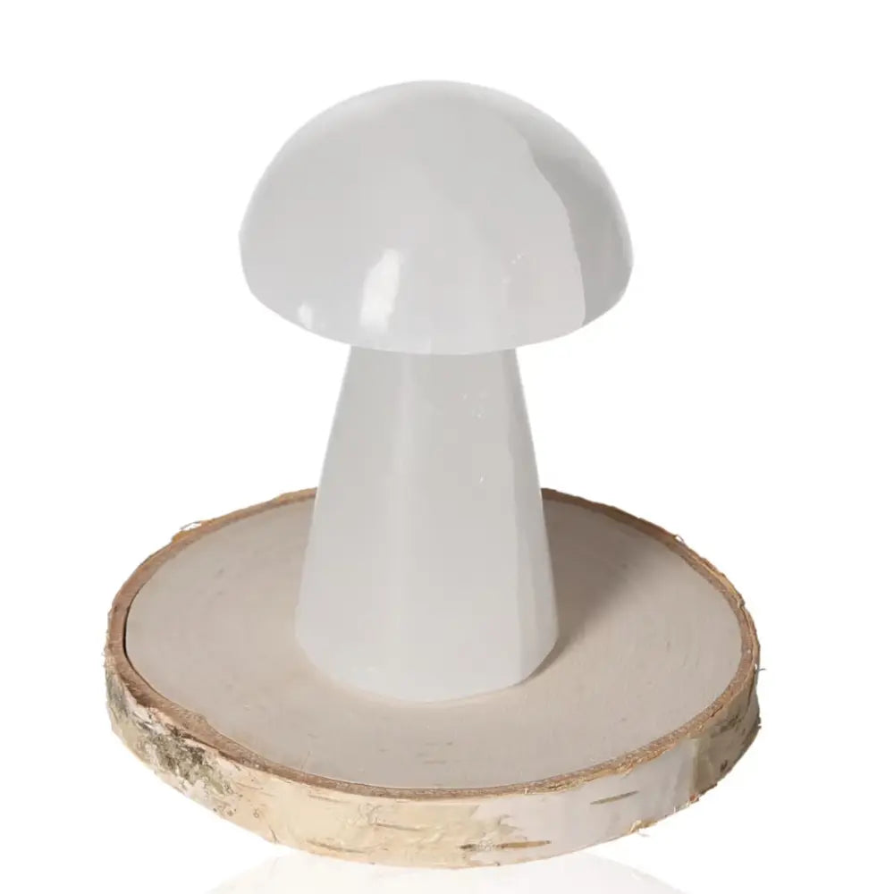 8cm Selenite Mushroom with glass-like transparency on wooden base, radiating purifying energy and enhancing clarity in any space.