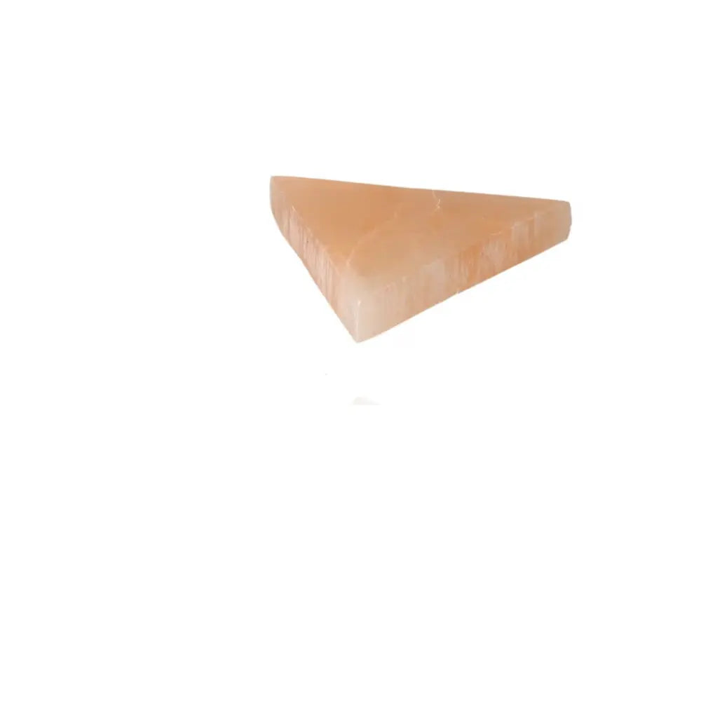 Selenite orange triangle stone, known as 'angel wing,' for aura of nurturing and protection, enhancing positive energy sharing.