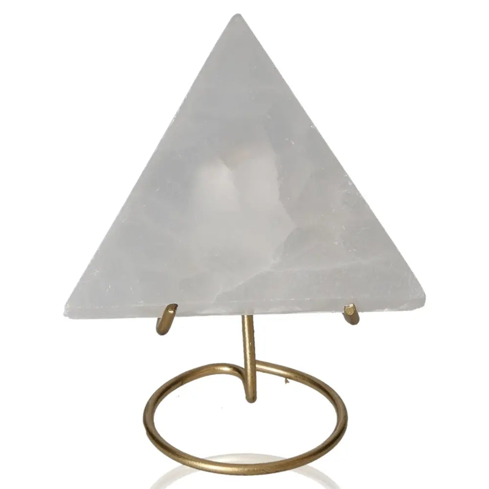Selenite Triangle 8cm with Stand, showcasing its clear, satin finish ideal for tranquility and elegance in any space.
