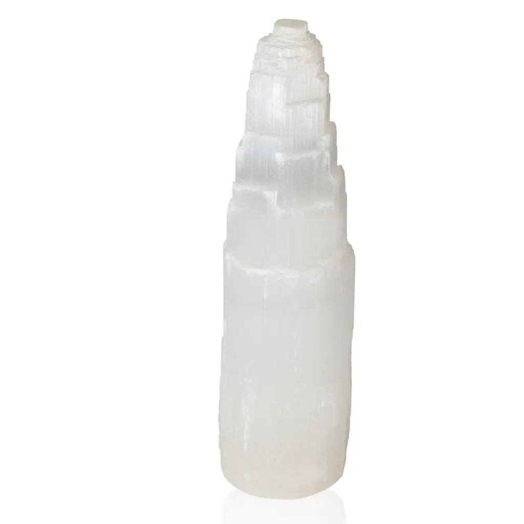 Selenite tower 30cm crystal "angel wing," known for nurturing and protective energies, enhancing positive feelings in any space.