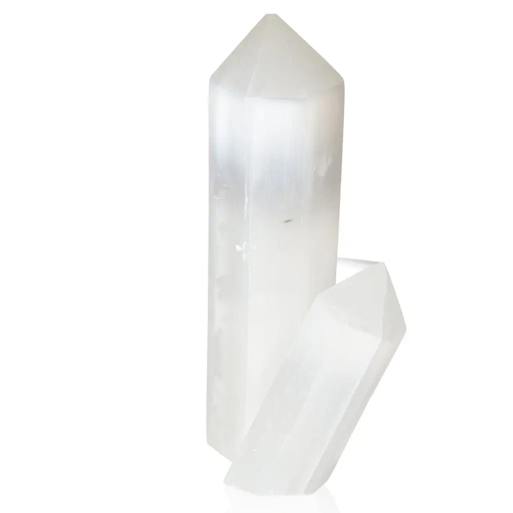Set of 2 premium Selenite points from Sylvia Crystals for mindfulness and spiritual growth, offering purity and spiritual power.