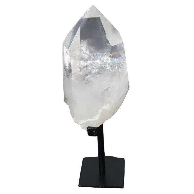 Semi polished clear quartz point on a stand, perfect for energy amplification and meditation. Known as a Master Healer crystal.
