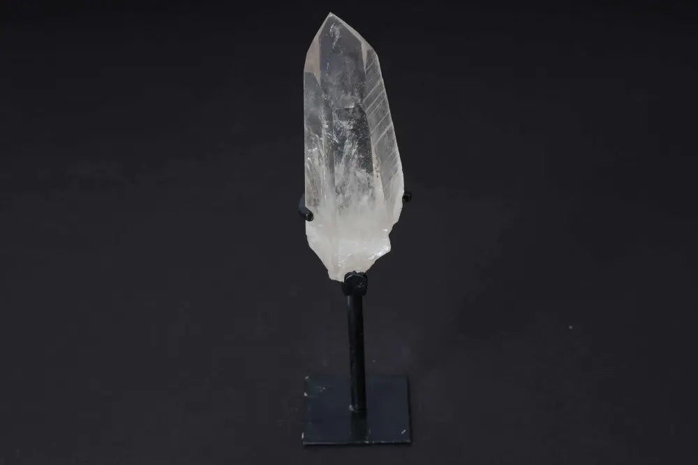 Semi Polished Clear Quartz Point with Stand for Amplification and Clarity, Ideal for Meditation and Energy Work Displayed Elegantly.